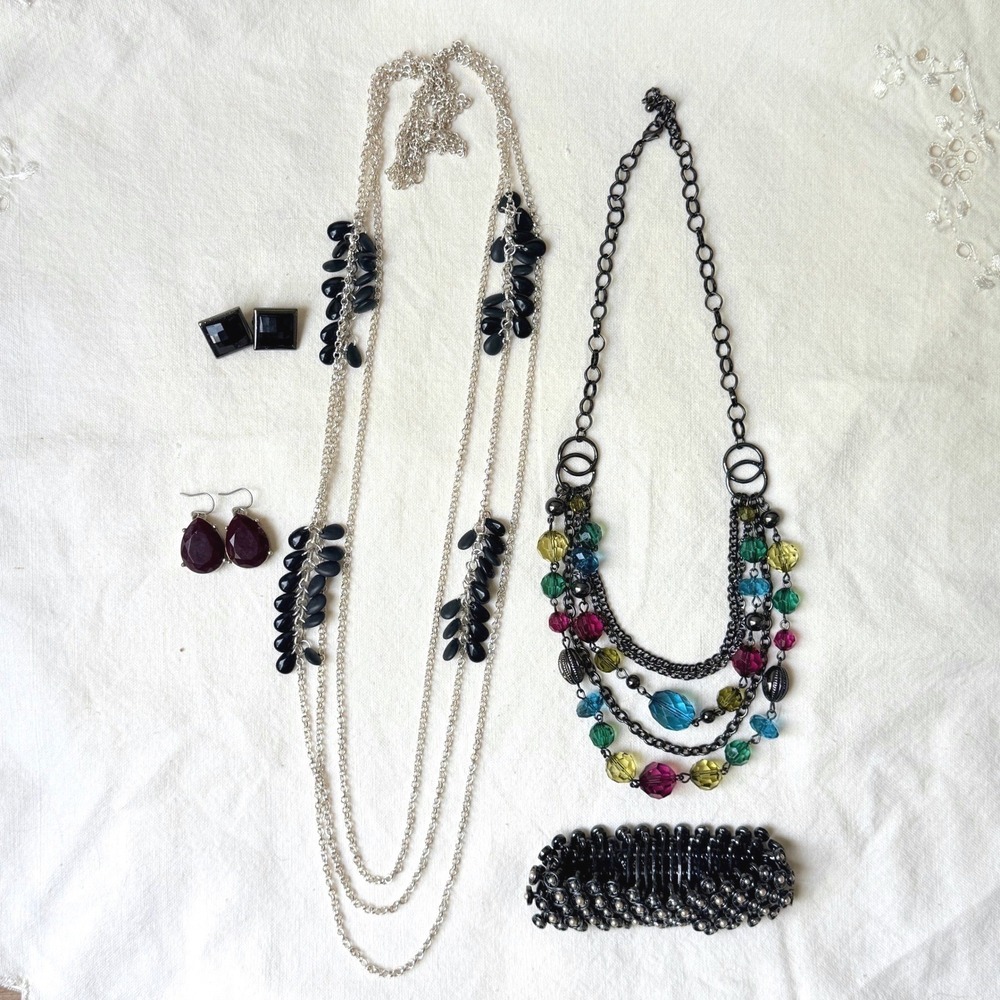 Vintage Jewelry Lot Y2K Gunmetal Necklace Jewel Tone Multi Bead Cuff Edgy Boho